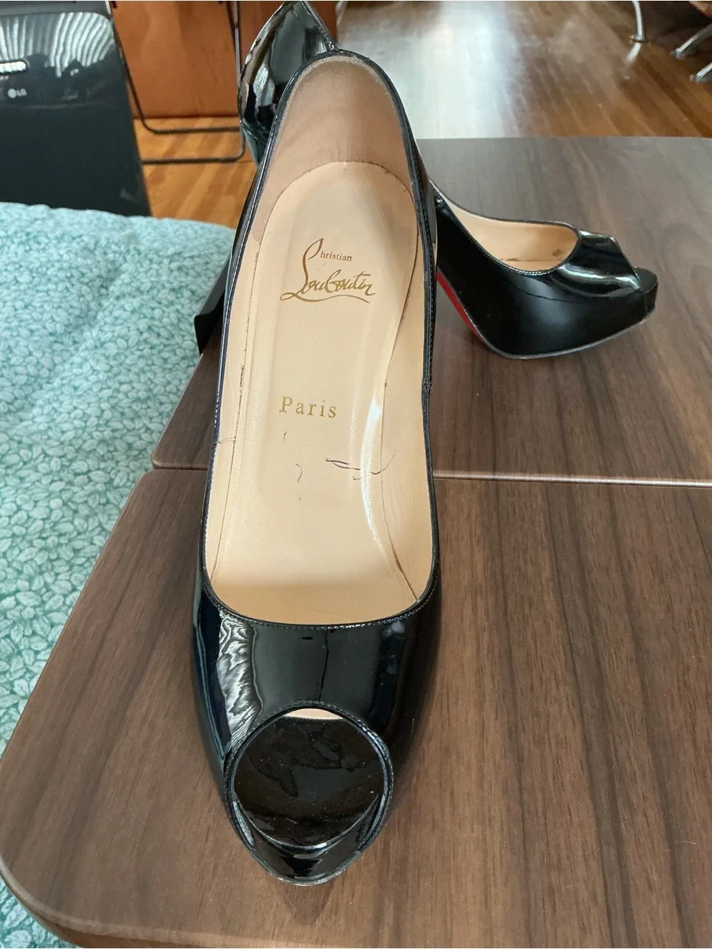 Christian Louboutin Black Patent Spike Platform Pumps with Red Soles